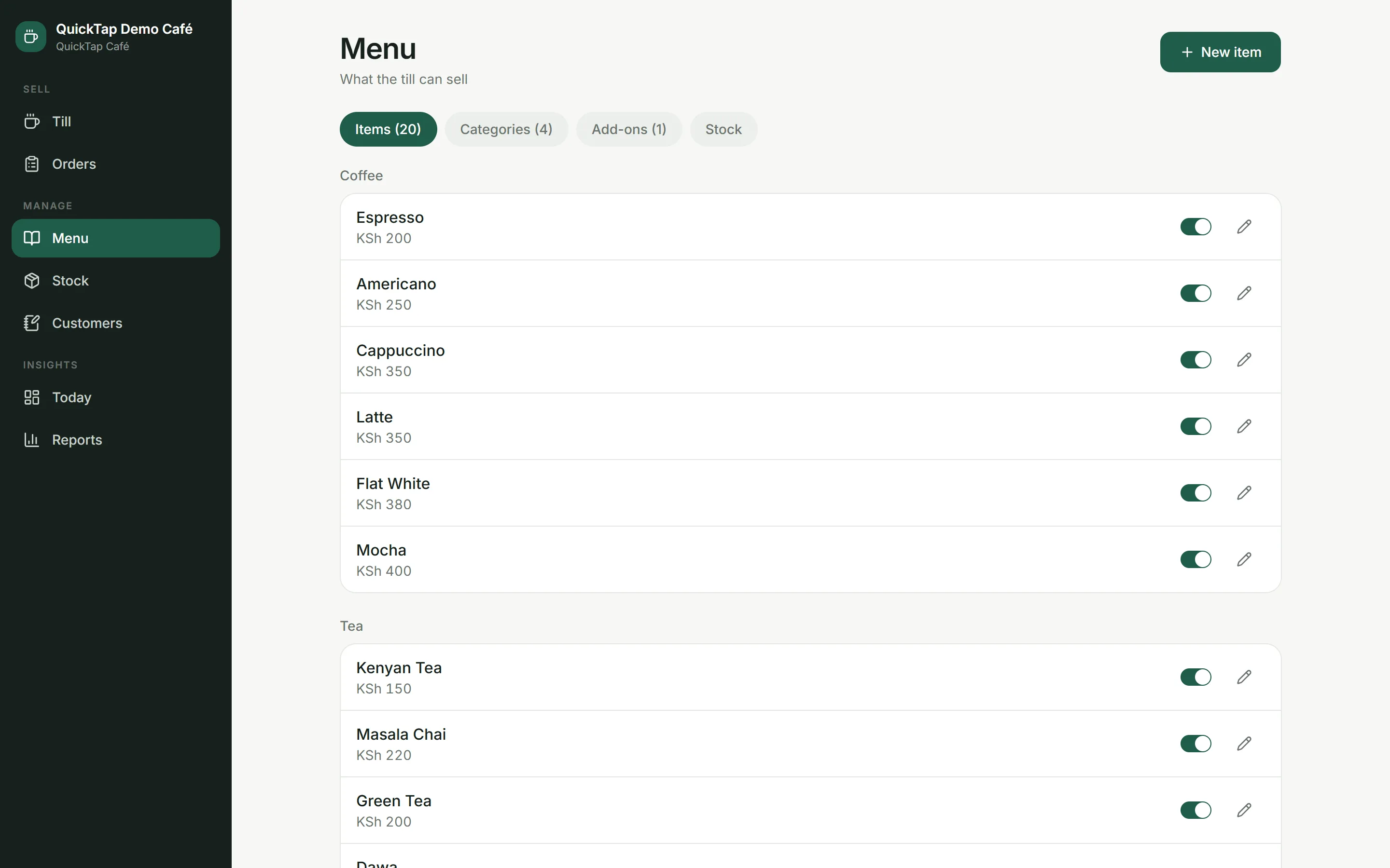 The menu screen: items grouped by category with their prices, an availability switch on each, and tabs for items, categories, add-ons and stock