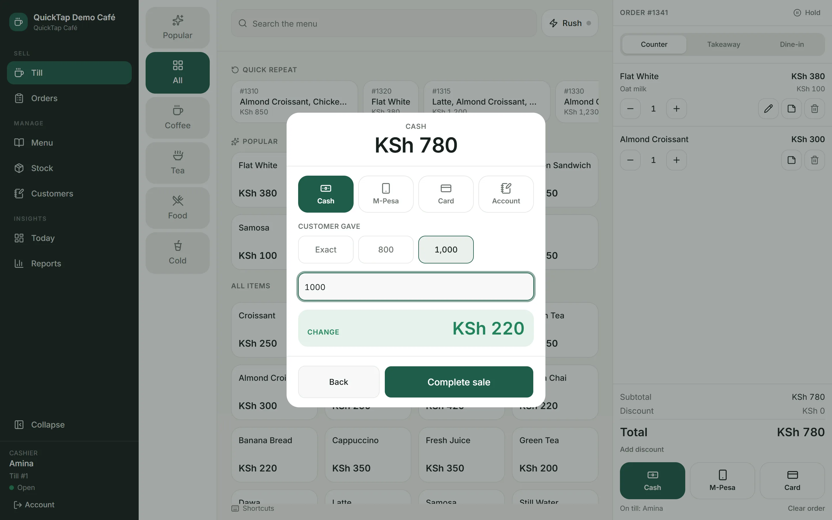 The payment sheet taking cash on a KSh 780 order: Cash, M-Pesa and Card across the top, quick amounts underneath, KSh 1,000 tendered and KSh 220 change